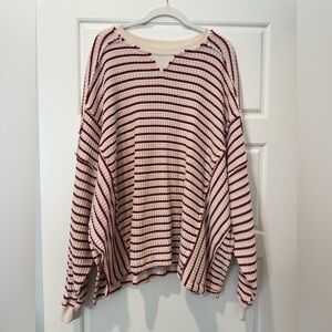 American Eagle L Big Hug Waffle Knit Cream/Red Striped Sweatshirt